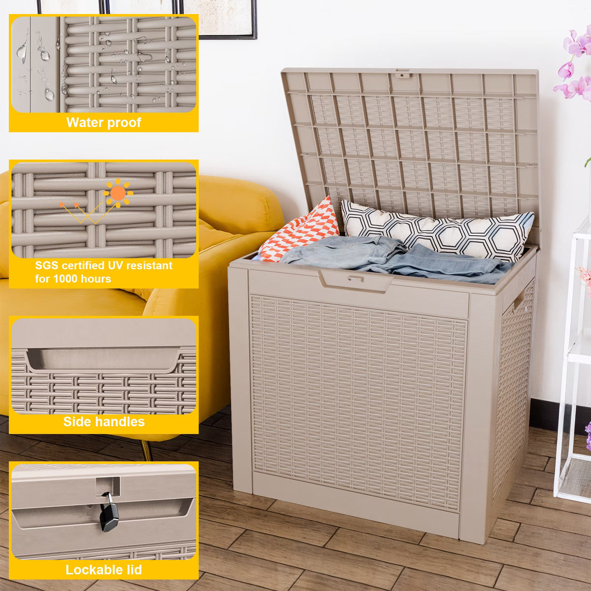 Easy Up 30 Gallon Resin Deck Box, Lockable Patio Outdoor Storage Box for Furniture, Garden Tools and Tools Storage, Waterproof Outside Storage Boxes