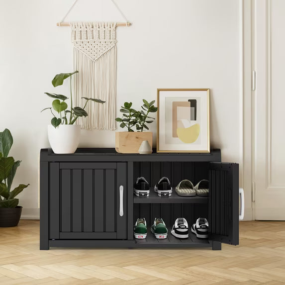 EasyUp Waterproof UV-Resistant Shoe Cabinet, Double Door Storage Bench with Adjustable Shelves, Indoor Outdoor Furniture for Entryway, Bedroom, Hallway, Living Room, Black