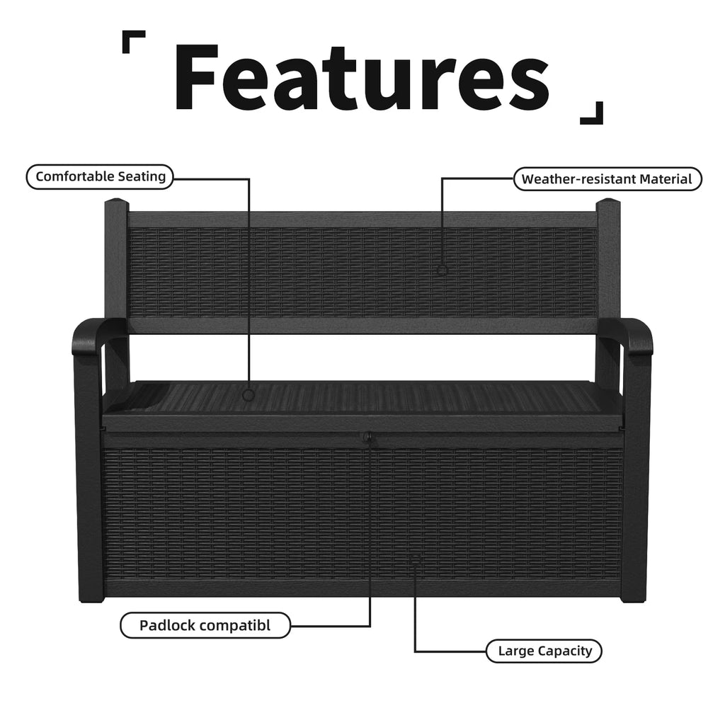 EasyUp 80 Gallon Storage Bench Deck Box Waterproof Lockable,Outdoor Storage Furniture for Patio,Garden and Porch,Tools and Cushions（Black）