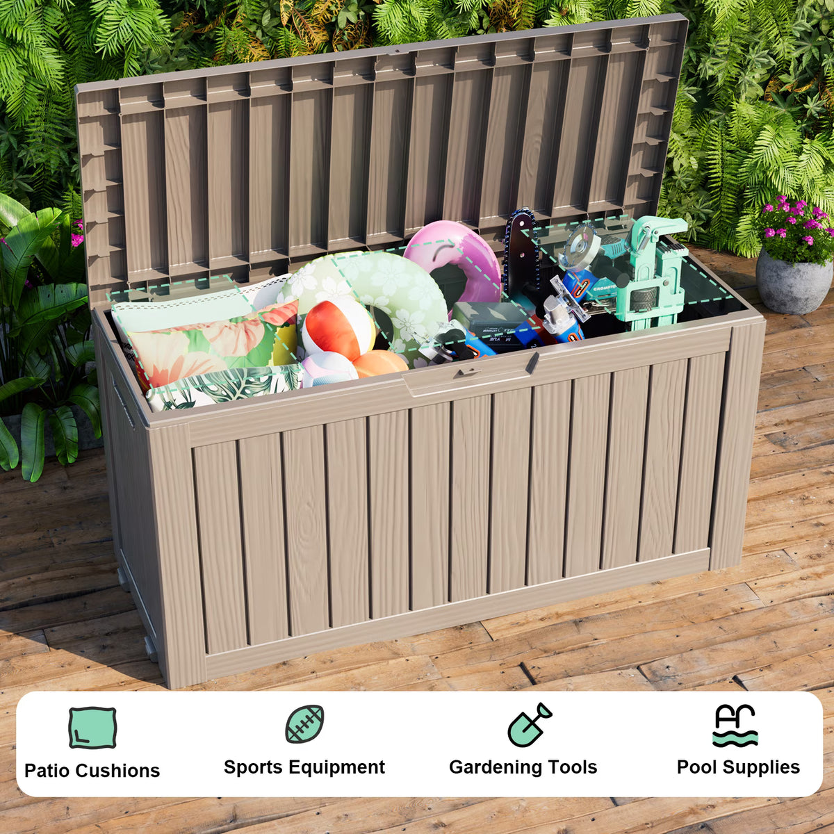 80 Gallon Resin Deck Box, Lockable Patio Outdoor Storage Box for Furniture, Garden Tools and Tools Storage, Waterproof Outside Storage Boxes