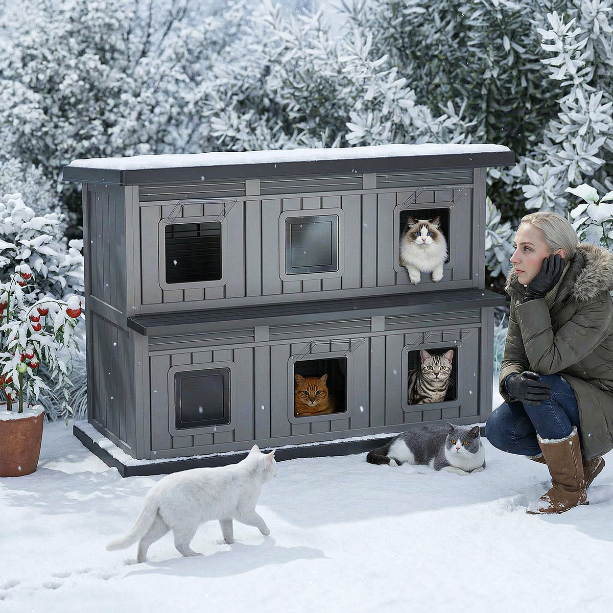EasyUp Outdoor Cat House Large Double-Decker Cat Houses for Outdoor Cats with Adjustable Window Balcony Weatherproof UV Protection Cat Shelter for Several Feral Cats,Black