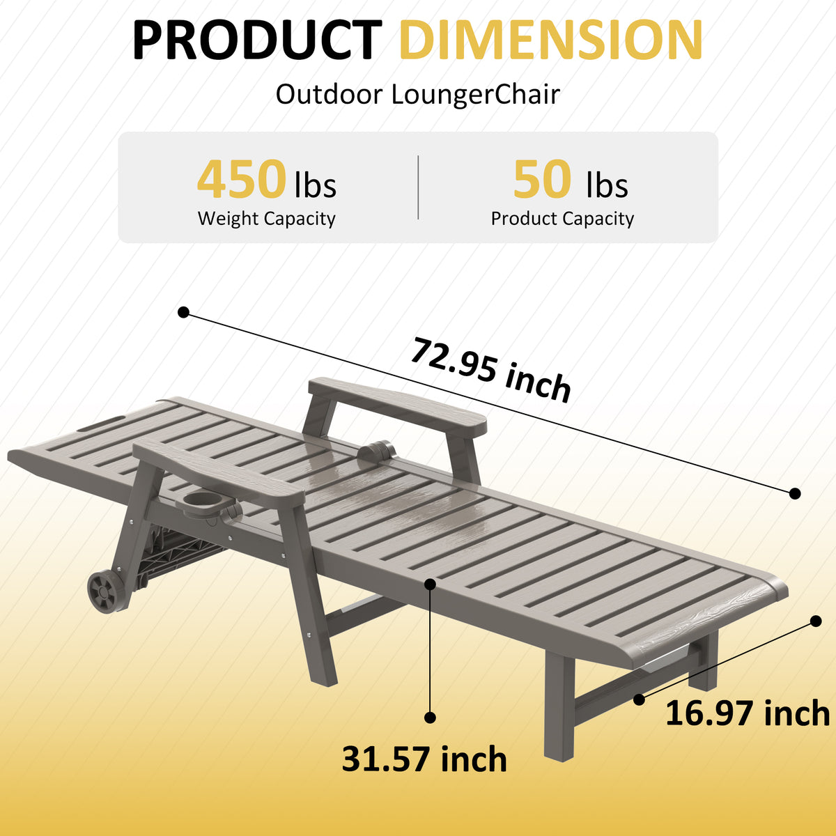EasyUp Chaise Lounge Outdoor, Lounge Chair Outdoor with Wood Texture, Adjustable 5-Position Backrest,Lounge Chair with Wheels & Cup Holder for Pool Deck Backyard, Grey