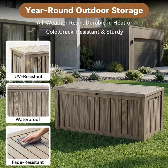 EASY UP 120gallon outdoor resin storage deck box, weather-resistant and lockable, suitable for storing tools, clothing, and packages; ideal for garages, gardens, and bedrooms (LIGHT BROWN).