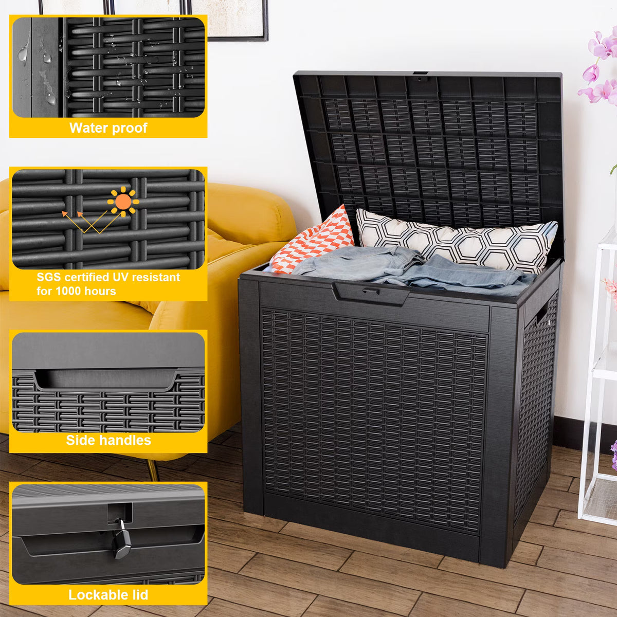 EasyUp 30 Gallon Resin Lockable Deck Box, Waterproof UV Resistant Outdoor Storage Container for Patio Furniture and Garden Tools.(Black)