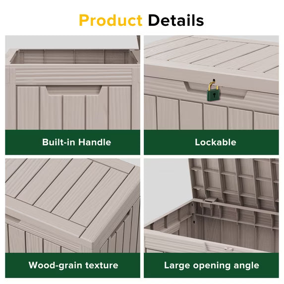 45 Gallon Lockable Grey Resin Deck Box, Waterproof Outdoor Storage Container for Patio Furniture and Garden Tools（Grey）