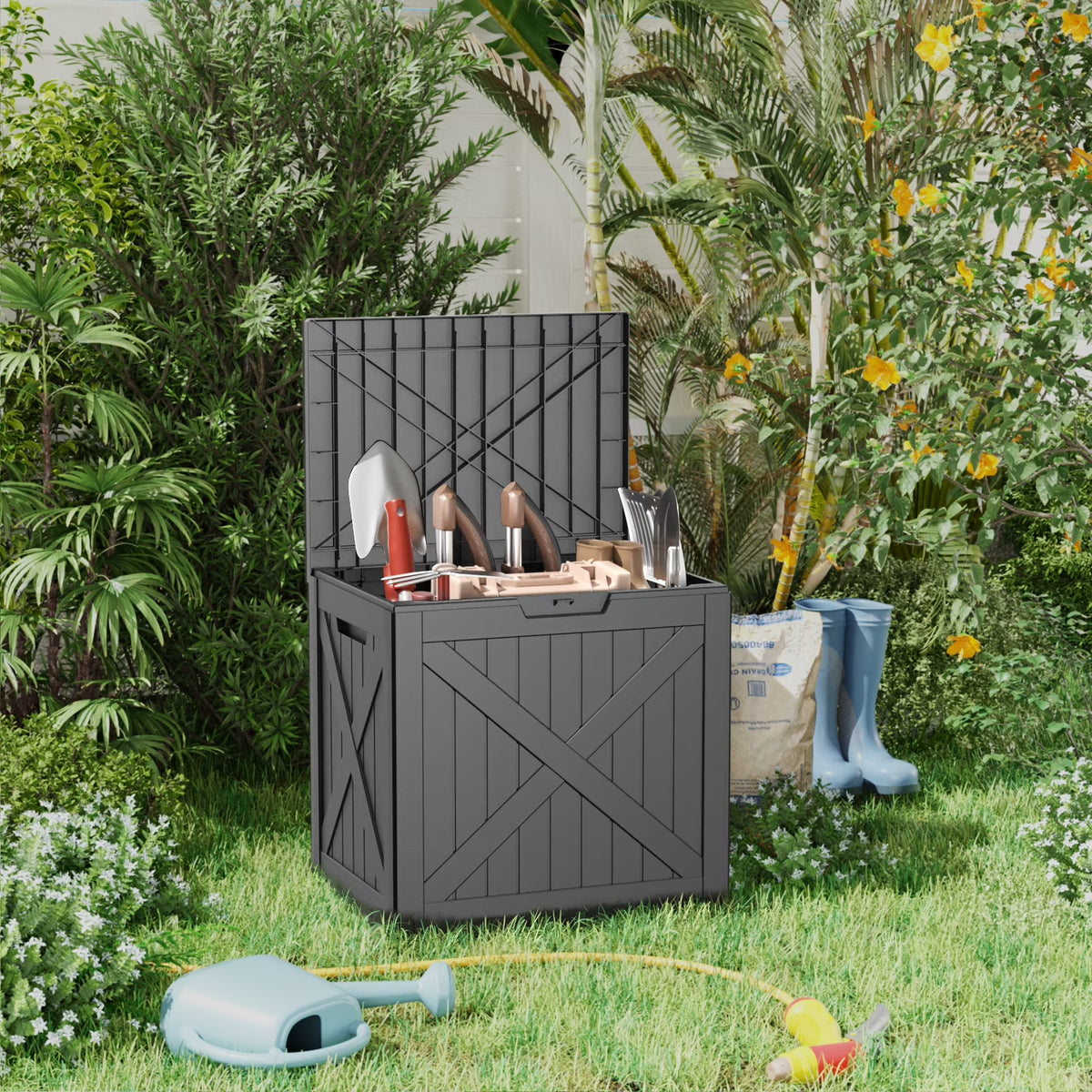 EasyUp 32 Gallon Resin Deck Box, Lockable Patio Outdoor Storage Box for Furniture, Garden Tools and Tools Storage, Waterproof Outside Storage Boxes