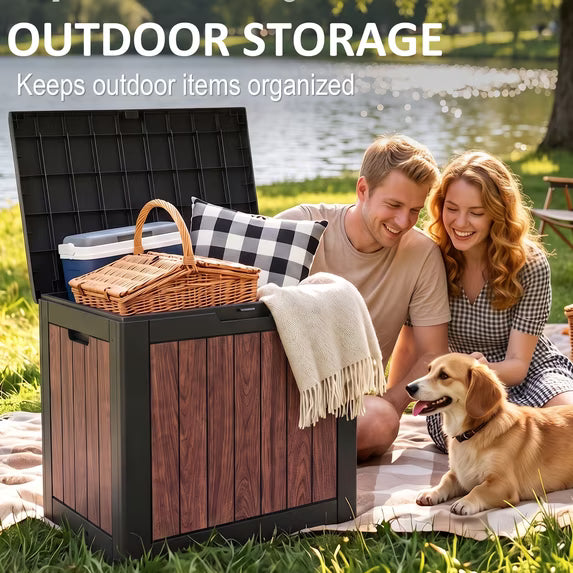 Easy up 35 Gallon Walnut Brown Resin Deck Box, Waterproof & UV Resistant Lockable Storage Container for Patio Furniture, Pool Accessories, Cushions and Garden Tools