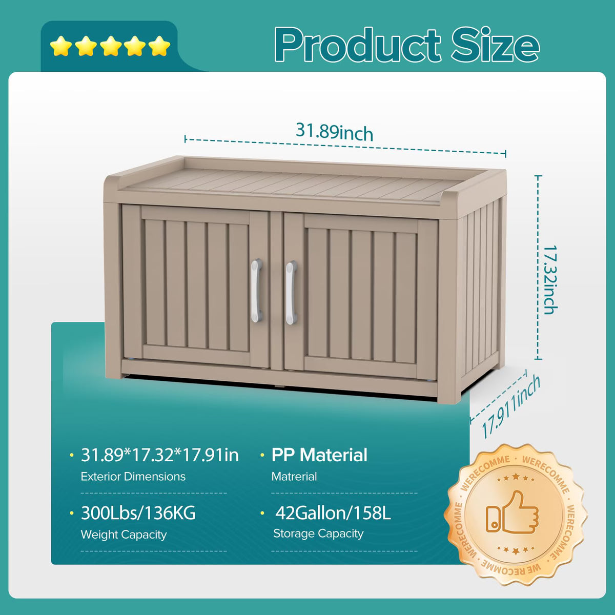 EasyUp EasyUp Waterproof UV-Resistant Shoe Cabinet, Double Door Storage Bench with Adjustable Shelves, Indoor Outdoor Furniture for Entryway, Bedroom, Hallway, Living Room, Gray