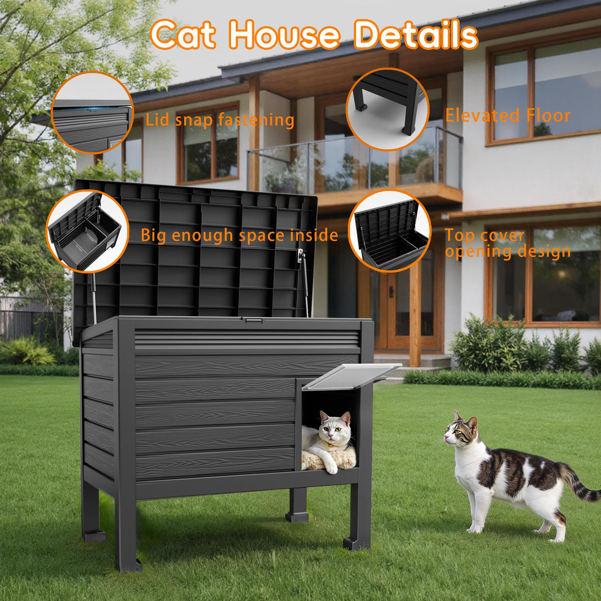 EasyUp Outdoor Cat House,Weatherproof Feral Cat Shelter with Raised Floor,Warm,Resin Material,Outdoor Feral Cat House for Cats and Small Animals,with Door,Easy to Assemble (Black, Large)