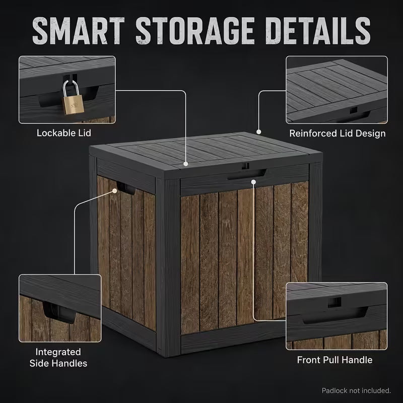 Easy up 34 Gallon Rustic Brown Resin Deck Box, Waterproof & UV Resistant Lockable Storage Container for Patio Furniture, Pool Accessories, Cushions and Garden Tools