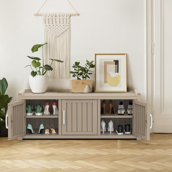Shoe Cabinet Waterproof UV-Resistant,Storage Bench Indoor Outdoor with Adjustable Shelves,for Entryway Bedroom,Hallway,Living Room(3 Door,Gray)