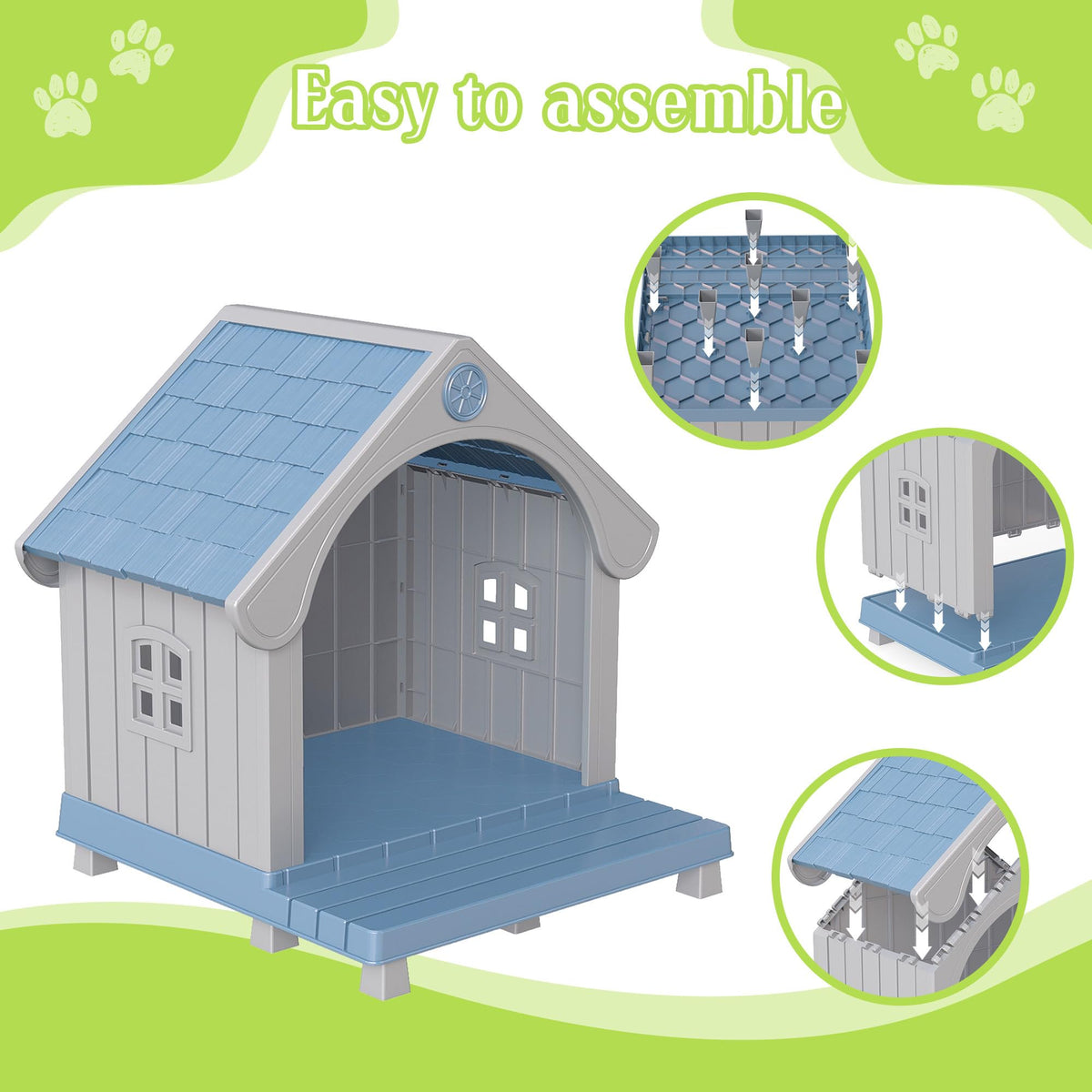 EasyUp Resin Pet House, Weatherproof Kennel with Elevated Extended Floor, Elegant Sturdy Shelter for Large Pets Indoor & Outdoor Use