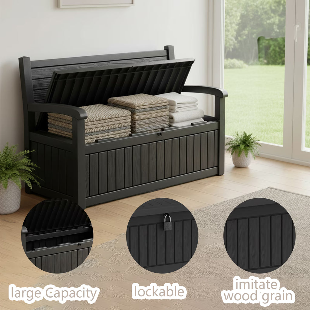 EASY UP 80 Gallon Storage Bench Deck Box Lockable for Patio Furniture, Garden Decor and Outdoor Seating for Cushions, Garden Tools and Pool Supplies (Black)