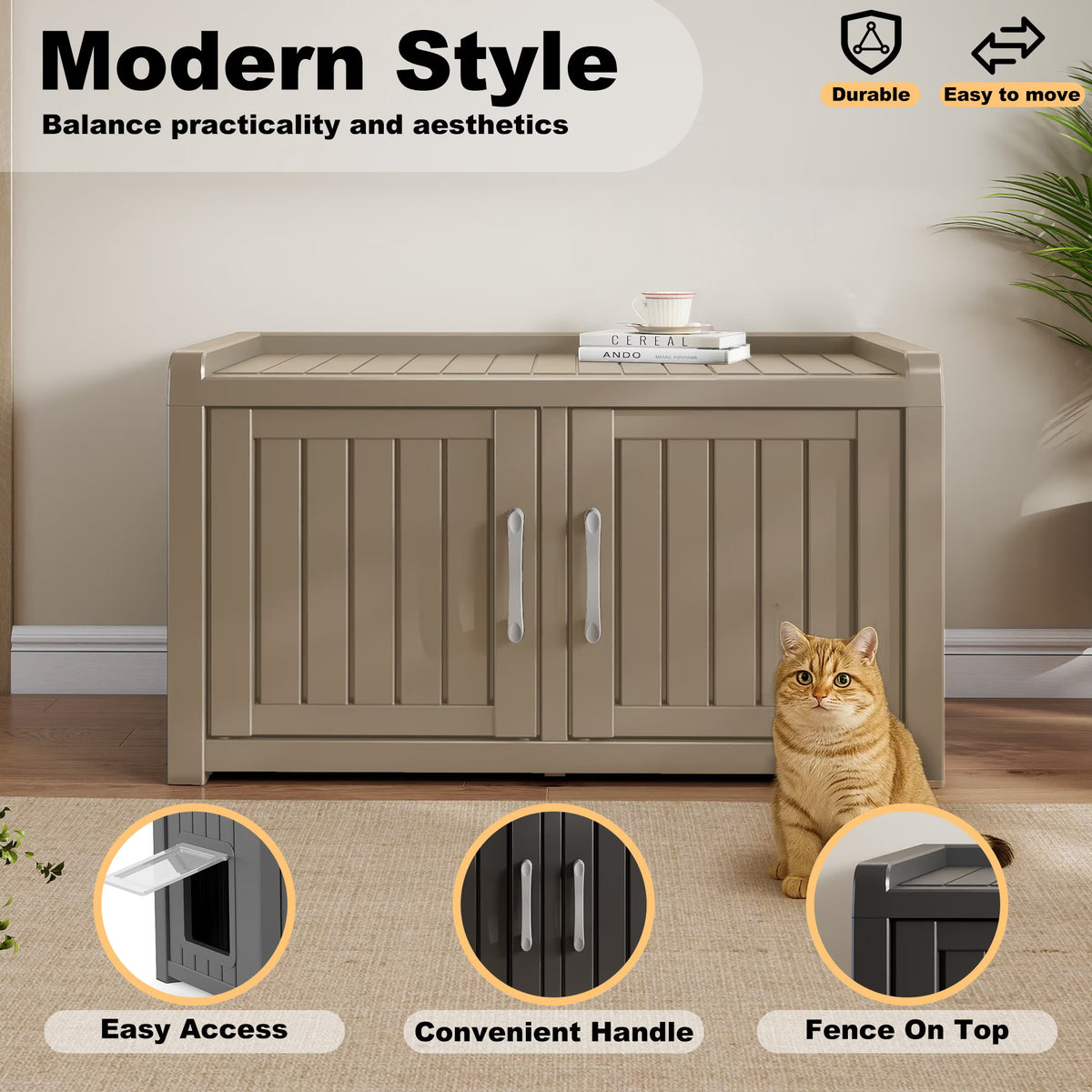 EasyUp Resin Enclosed Hidden Cat Litter Box Enclosure, Dual-Door Weatherproof Space-Saving Furniture for Indoor Corners & Small Spaces, Gray