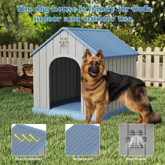 EasyUp Resin Waterproof Dog House, Ventilated Kennel with Elevated Floor, Indoor Outdoor Pet Shelter, Easy Assembly, (Blue, 38.62*36.26*38.07 Inches)