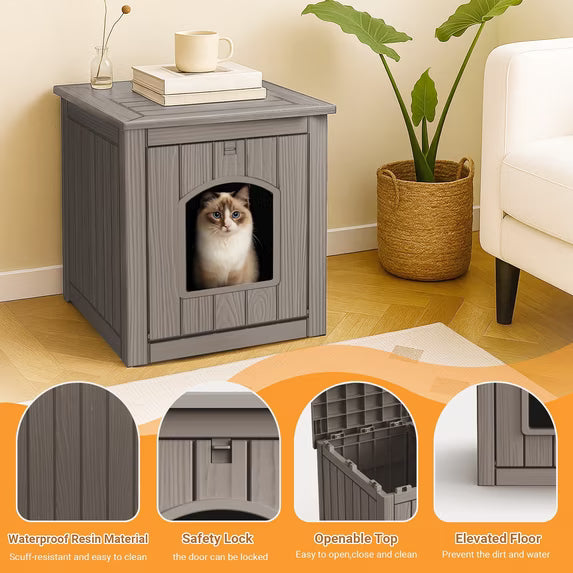 EasyUp Resin Weatherproof Outdoor Cat House, Insulated All-Season Shelter for Garden, Patio, Backyard