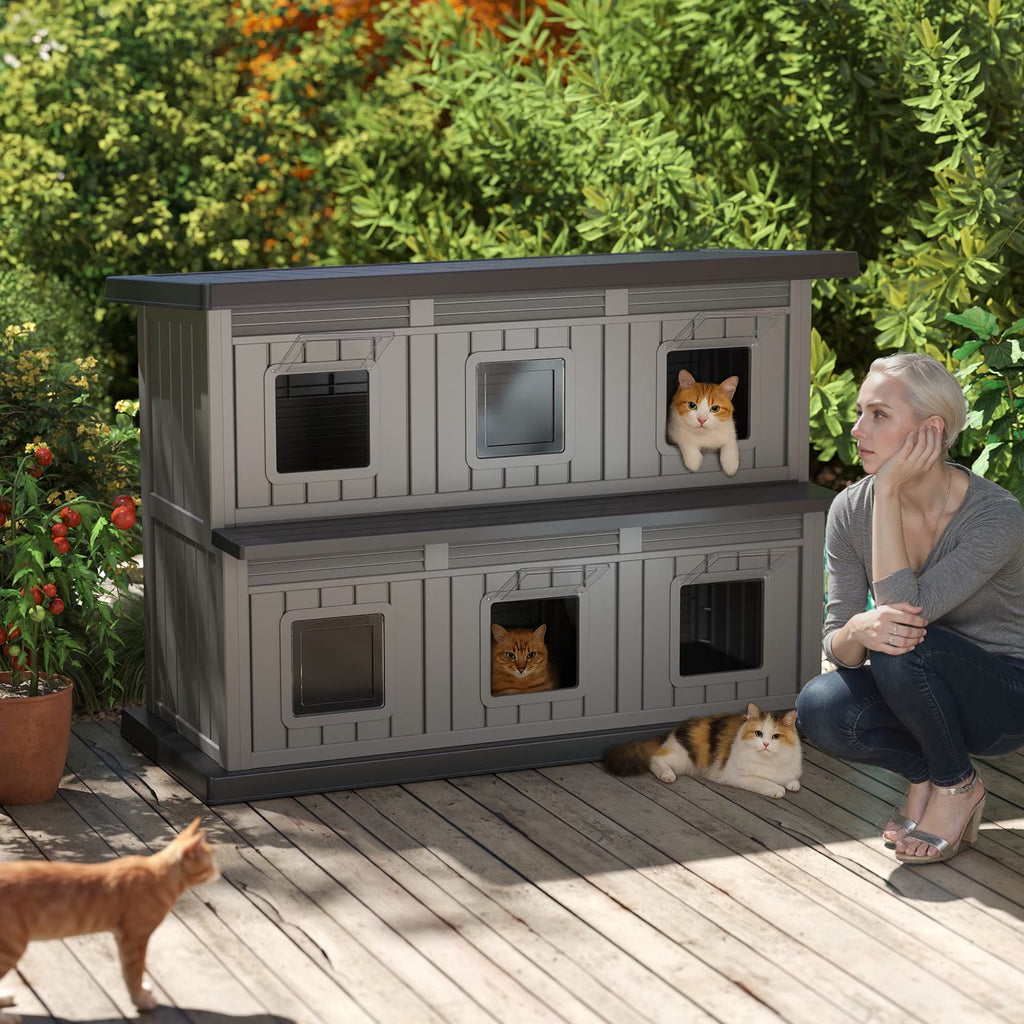 EasyUp Outdoor Cat House Large Double-Decker Cat Houses for Outdoor Cats with Adjustable Window Balcony Weatherproof UV Protection Cat Shelter for Several Feral Cats,Black&Grey
