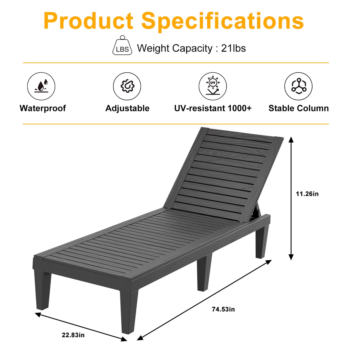 EasyUp Multi-Position Adjustable Outdoor Chaise Lounge Chair, Waterproof Lightweight Sturdy Reclining Furniture for Patio, Lawn, Courtyard & Indoor Relaxation