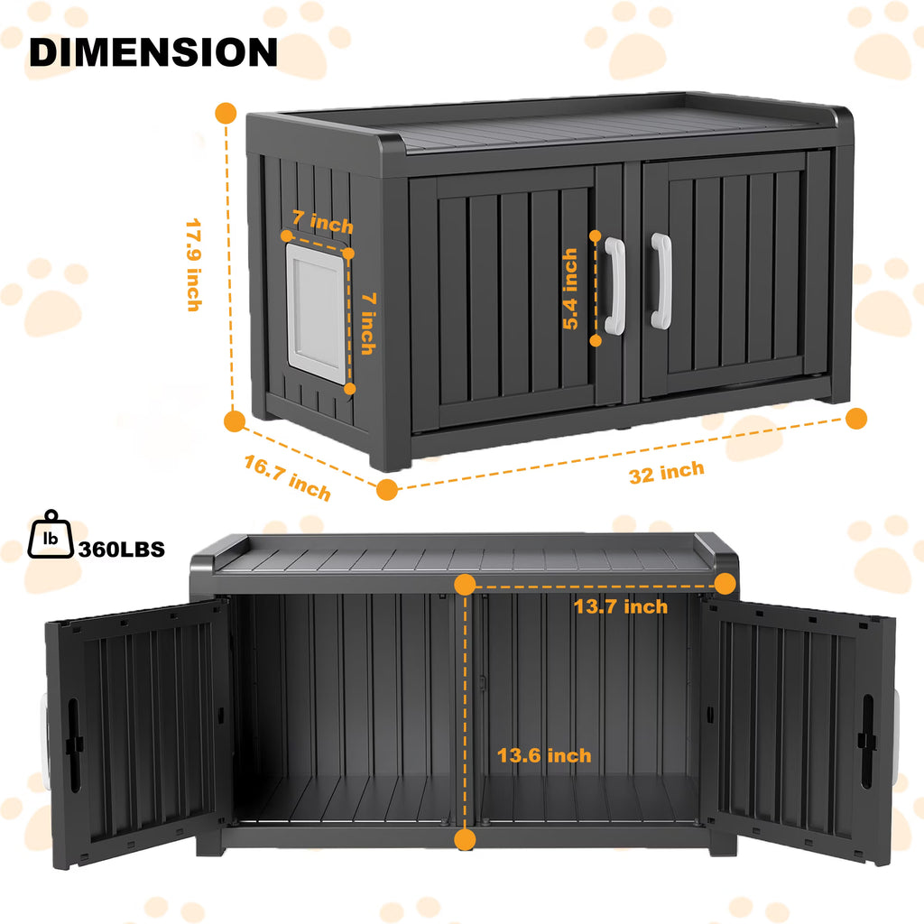 EasyUp Resin Hidden Cat Litter Box Enclosure, Dual-Door Weatherproof Indoor Furniture for Corners & Small Spaces, Black