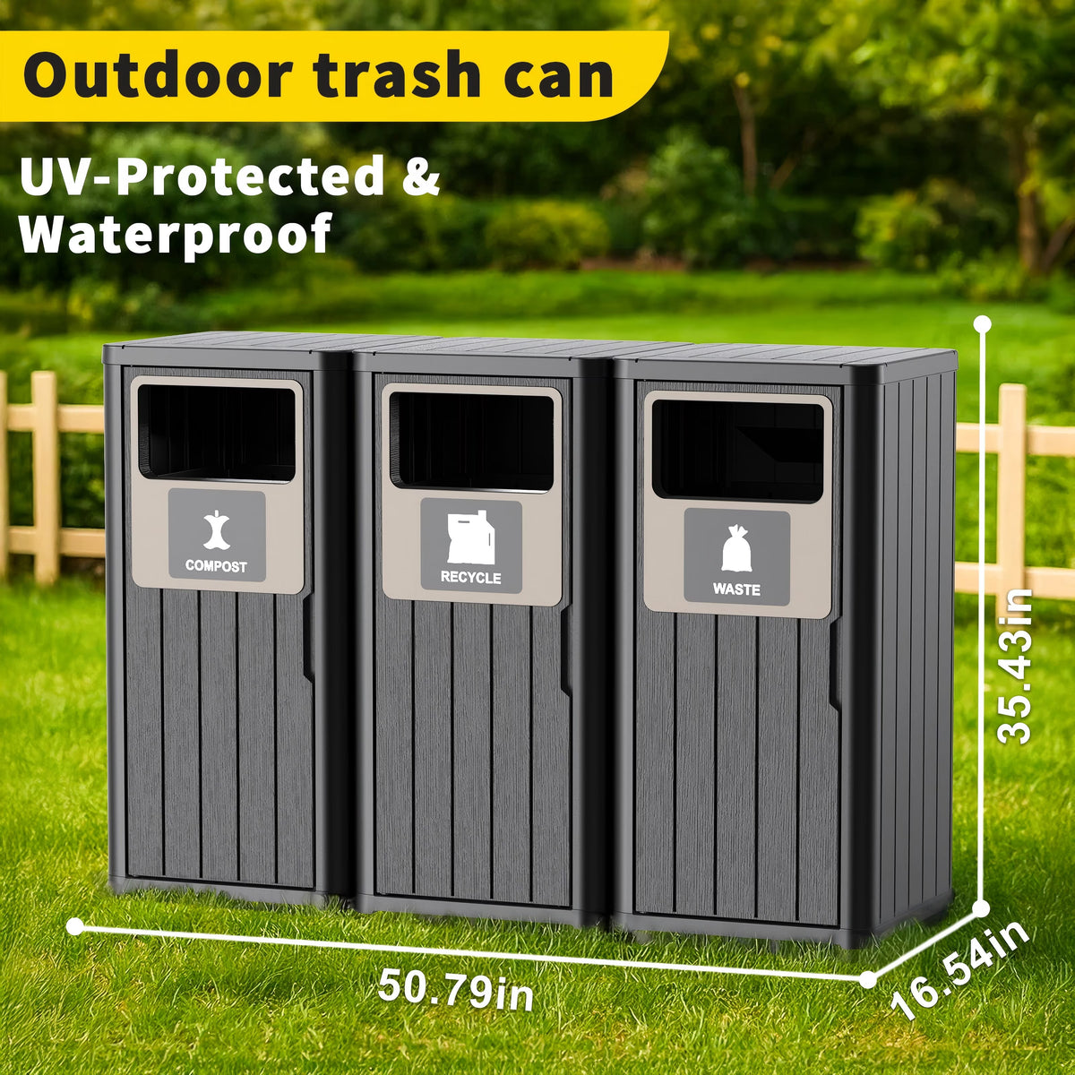 EasyUp Waterproof Resin Trash Can with Classification Labels, Durable Outdoor Waste Bin Fits 30-39 Gallon Bags for Kitchen Yard Porch, Black 3-Pack