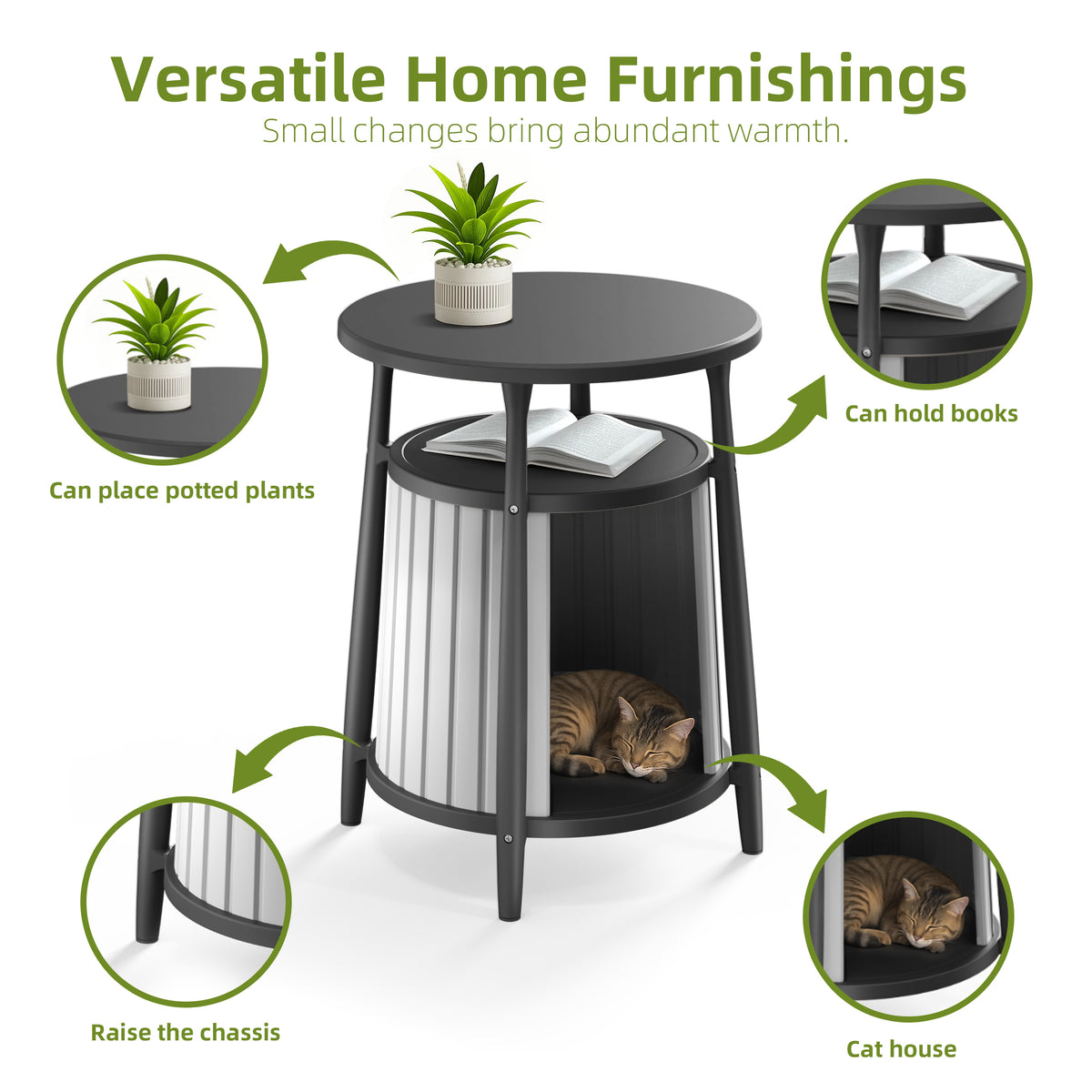 EasyUp Cat house Enclosure Resin Vented Hidden Litter Box Versatile Round Side End Table Odor Control Double Layered Design Easy to Clean for Indoor Use(Black,17.72''L×17.72''W×23.54''H)