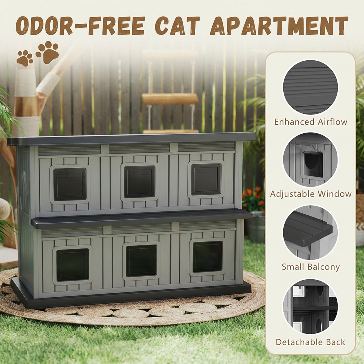 EasyUp Outdoor Cat House Large Double-Decker Cat Houses for Outdoor Cats with Adjustable Window Balcony Weatherproof UV Protection Cat Shelter for Several Feral Cats,Black