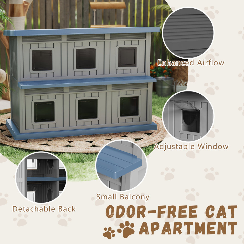 EasyUp Outdoor Cat House Large Double-Decker Cat Houses for Outdoor Cats with Adjustable Window Balcony Weatherproof UV Protection Cat Shelter for Several Feral Cats,Blue&Grey