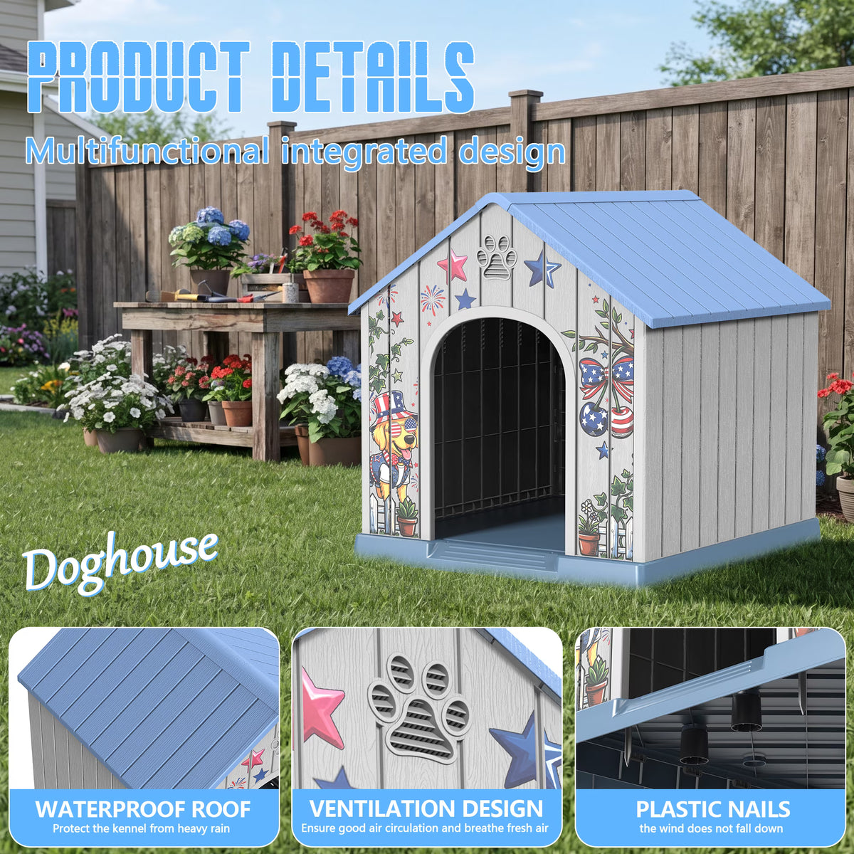 Easy Up  Durable Waterproof Resin Dog House for Small to Large Sized Dogs, Indoor Outdoor Doghouse with Elevated Floor