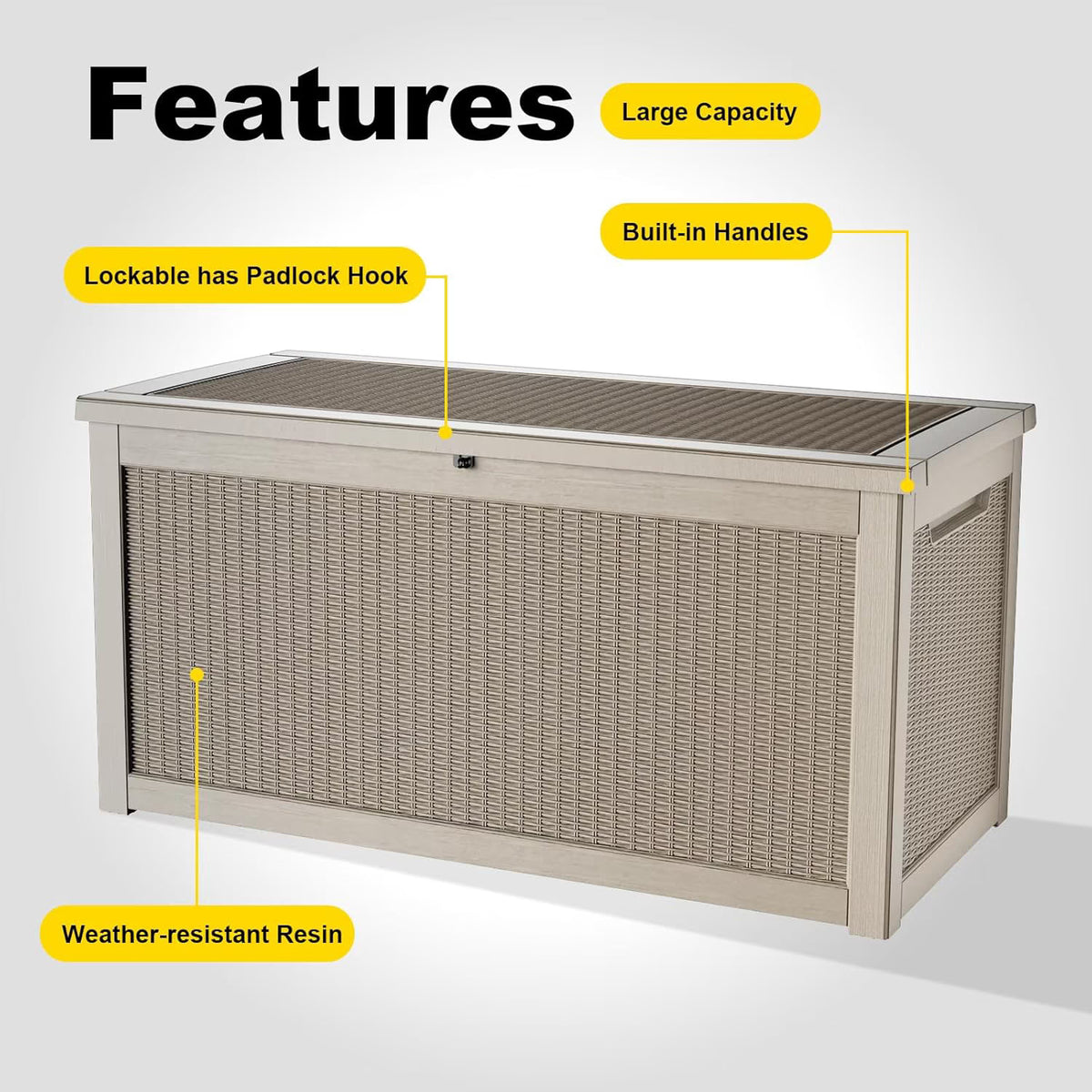 EASY UP 260gallon outdoor resin storage deck box, weather-resistant and lockable, suitable for storing tools, clothing, and packages; ideal for garages, gardens, and bedrooms (LIGHT BROWN).