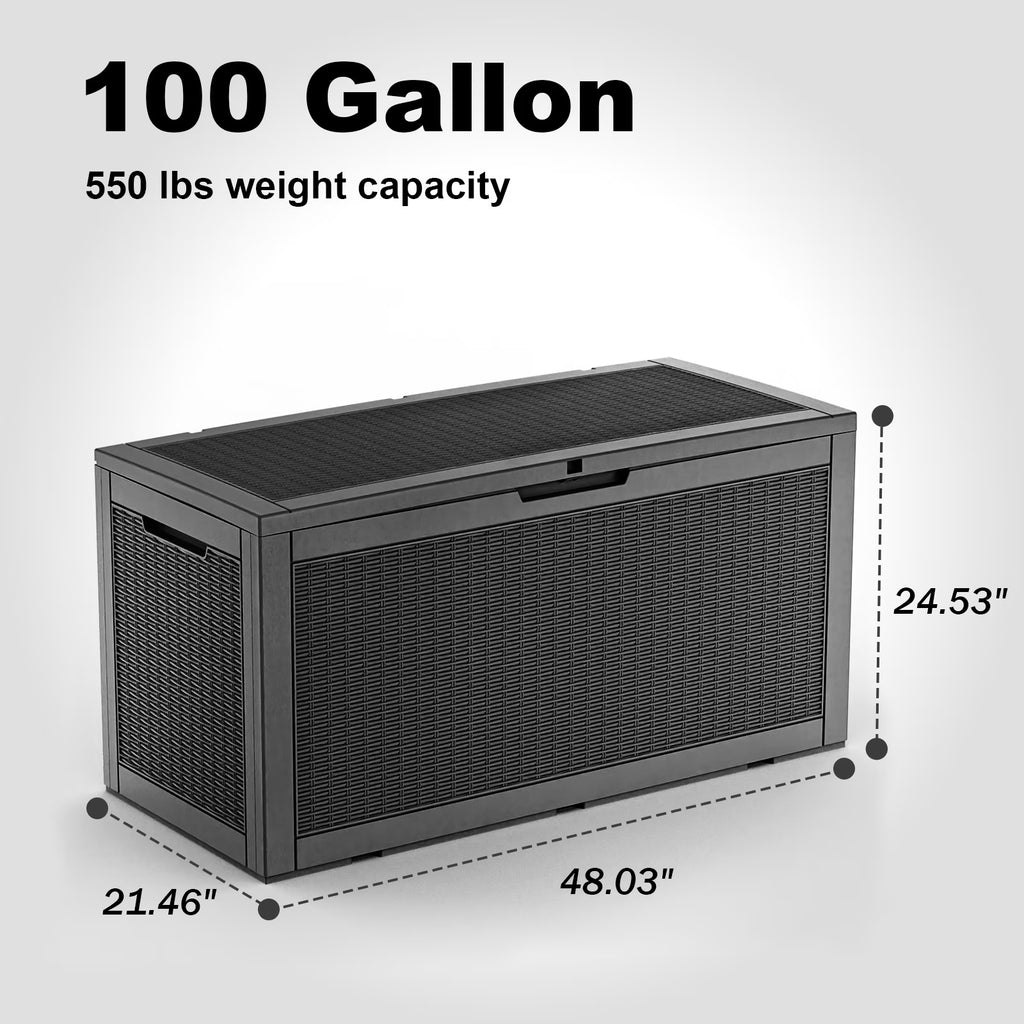 EASY UP 100 Gallon Resin Deck Box Waterproof Outdoor Storage Box for Patio Furniture Pool Accessories Indoor Storage for Cushion Garden Tools (100 Gallon, Black)