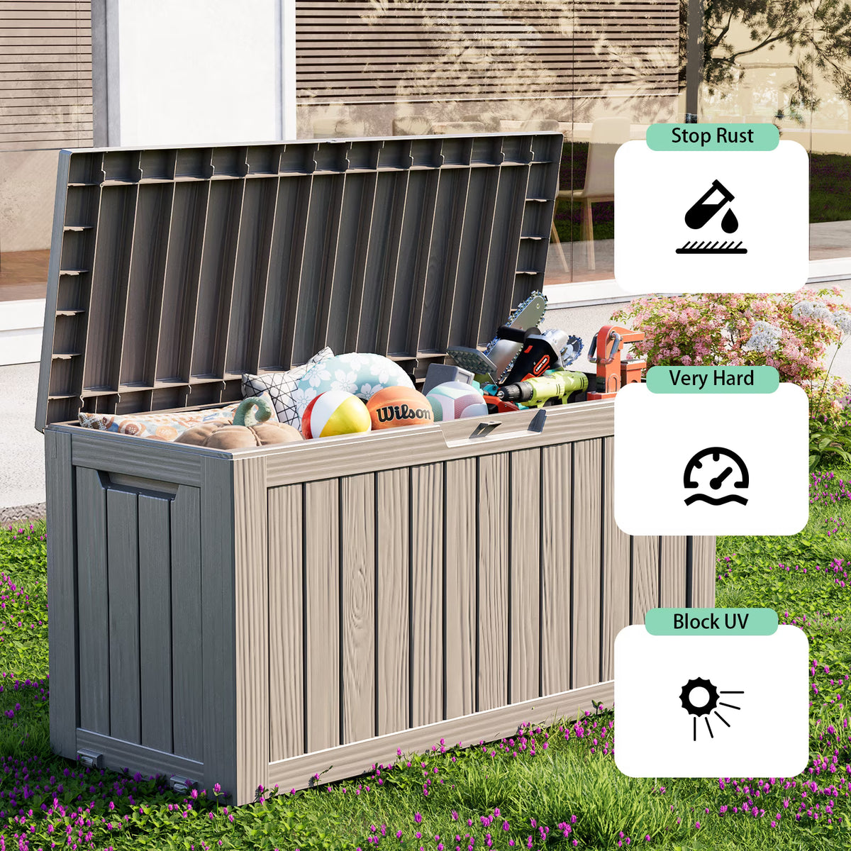 80 Gallon Resin Deck Box, Lockable Patio Outdoor Storage Box for Furniture, Garden Tools and Tools Storage, Waterproof Outside Storage Boxes