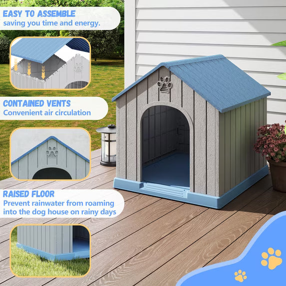 EasyUp Dog Houses Resin Small Indoor Outdoor Dog Kennel for All-Weather Use Cozy Shelter for Small Dogs in Home, Garden, or Balcony(Blue&Gray)