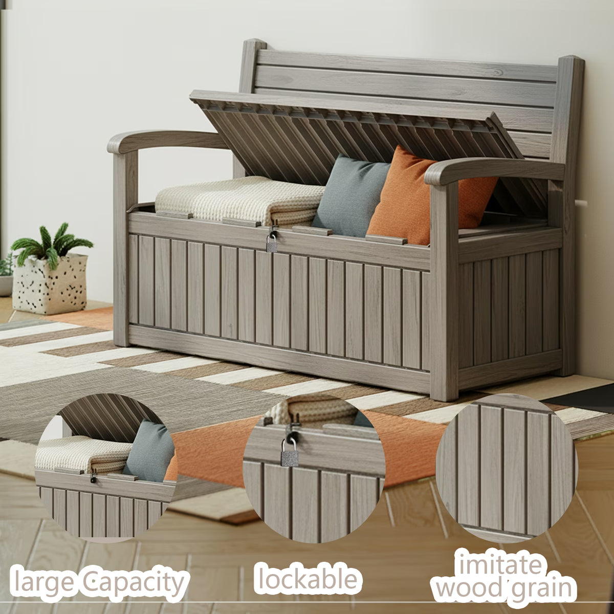 EASY UP 80 Gallon Storage Bench Deck Box Lockable for Patio Furniture, Garden Decor and Outdoor Seating for Cushions, Garden Tools and Pool Supplies (Black)