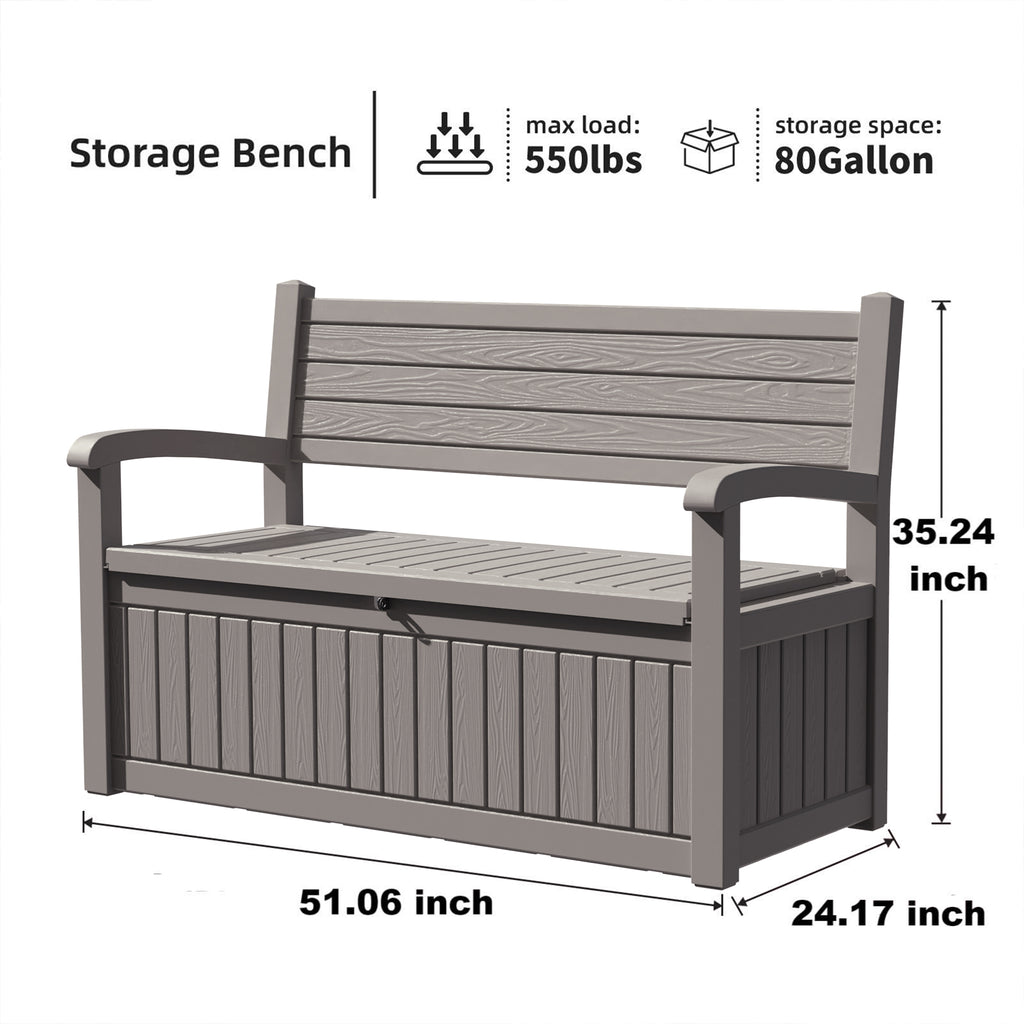 EasyUp 80 Gallon Storage bench Lockable Waterproof Deck Box - Outdoor Storage Box for Patio,Garden and Porch,Tools and Cushions（Grey）