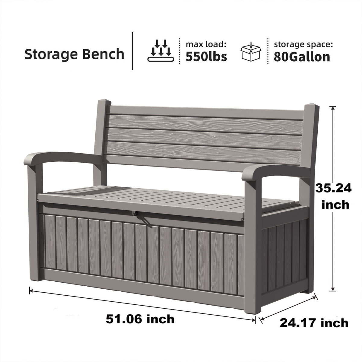 EasyUp 80 Gallon Storage bench Lockable Waterproof Deck Box - Outdoor Storage Box for Patio,Garden and Porch,Tools and Cushions（Grey）