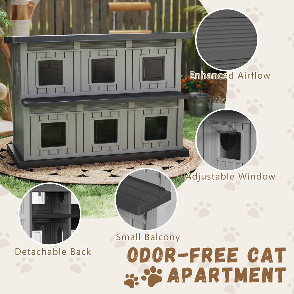 EasyUp Outdoor Cat House Large Double-Decker Cat Houses for Outdoor Cats with Adjustable Window Balcony Weatherproof UV Protection Cat Shelter for Several Feral Cats,Black&Grey