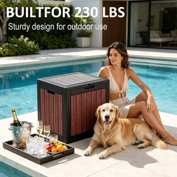 Easy up 35 Gallon Walnut Brown Resin Deck Box, Waterproof & UV Resistant Lockable Storage Container for Patio Furniture, Pool Accessories, Cushions and Garden Tools