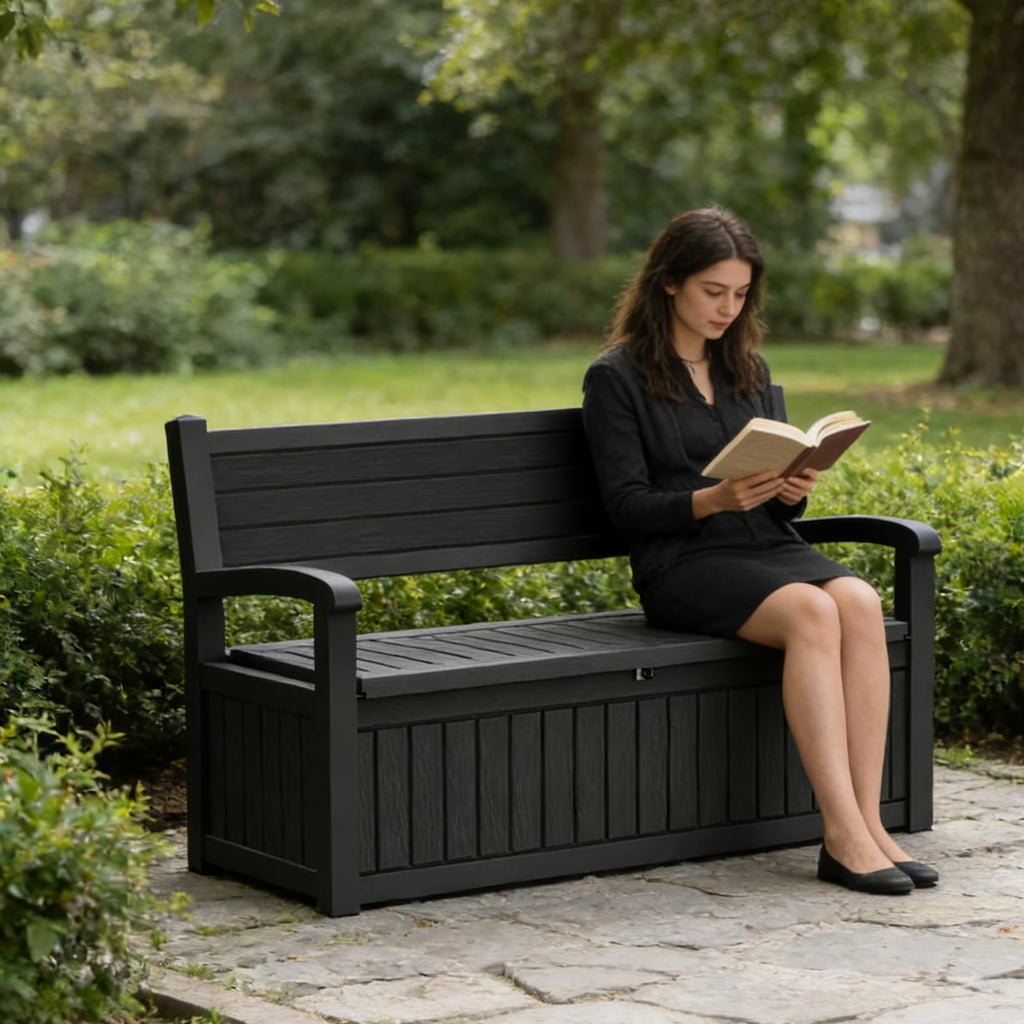 EASY UP 80 Gallon Storage Bench Deck Box Lockable for Patio Furniture, Garden Decor and Outdoor Seating for Cushions, Garden Tools and Pool Supplies (Black)