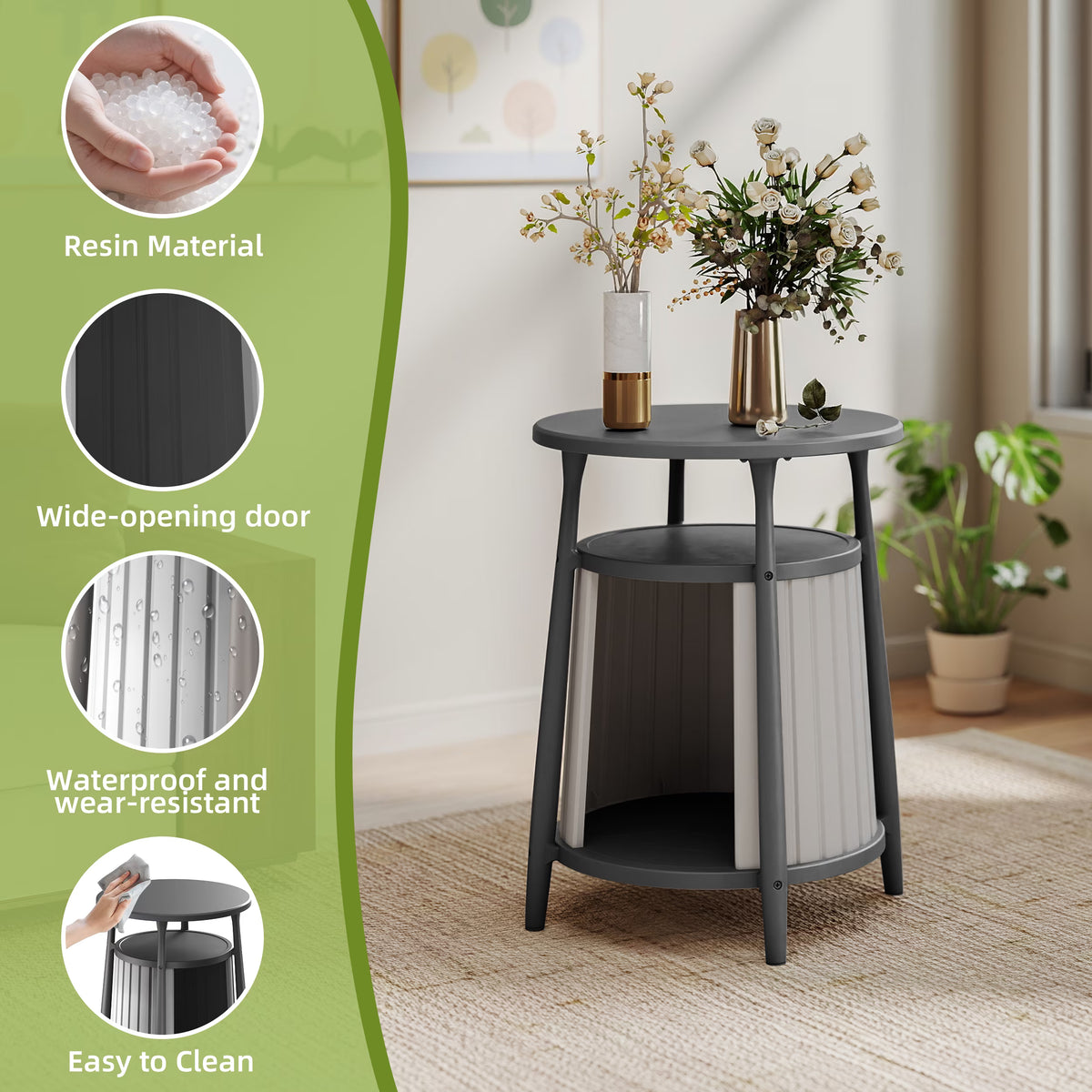 EasyUp Cat house Enclosure Resin Vented Hidden Litter Box Versatile Round Side End Table Odor Control Double Layered Design Easy to Clean for Indoor Use(Black,17.72''L×17.72''W×23.54''H)