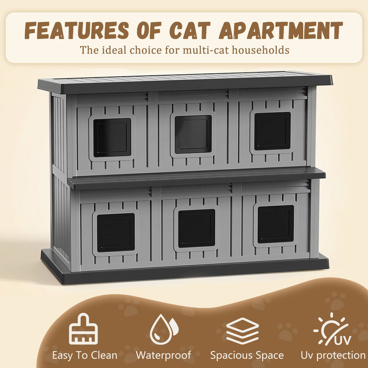 EasyUp Outdoor Cat House Large Double-Decker Cat Houses for Outdoor Cats with Adjustable Window Balcony Weatherproof UV Protection Cat Shelter for Several Feral Cats,Black