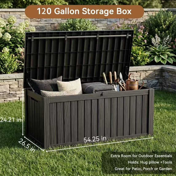 EASY UP 120gallon outdoor resin storage deck box, weather-resistant and lockable, suitable for storing tools, clothing, and packages; ideal for garages, gardens, and bedrooms (black).