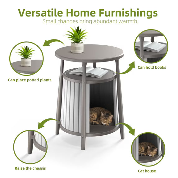 EasyUp Cat house Enclosure Resin Vented Hidden Litter Box Versatile Round Side End Table Odor Control Double Layered Design Easy to Clean for Indoor Use(Grey,17.72''L×17.72''W×23.54''H)