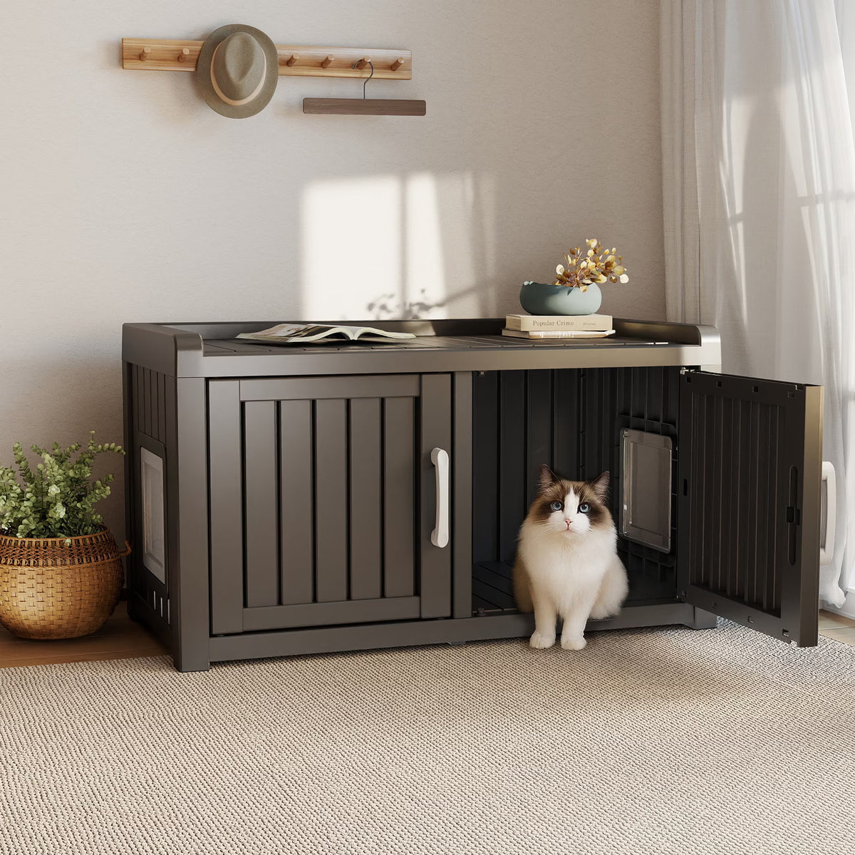 EasyUp Resin Hidden Cat Litter Box Enclosure, Dual-Door Weatherproof Indoor Furniture for Corners & Small Spaces, Black