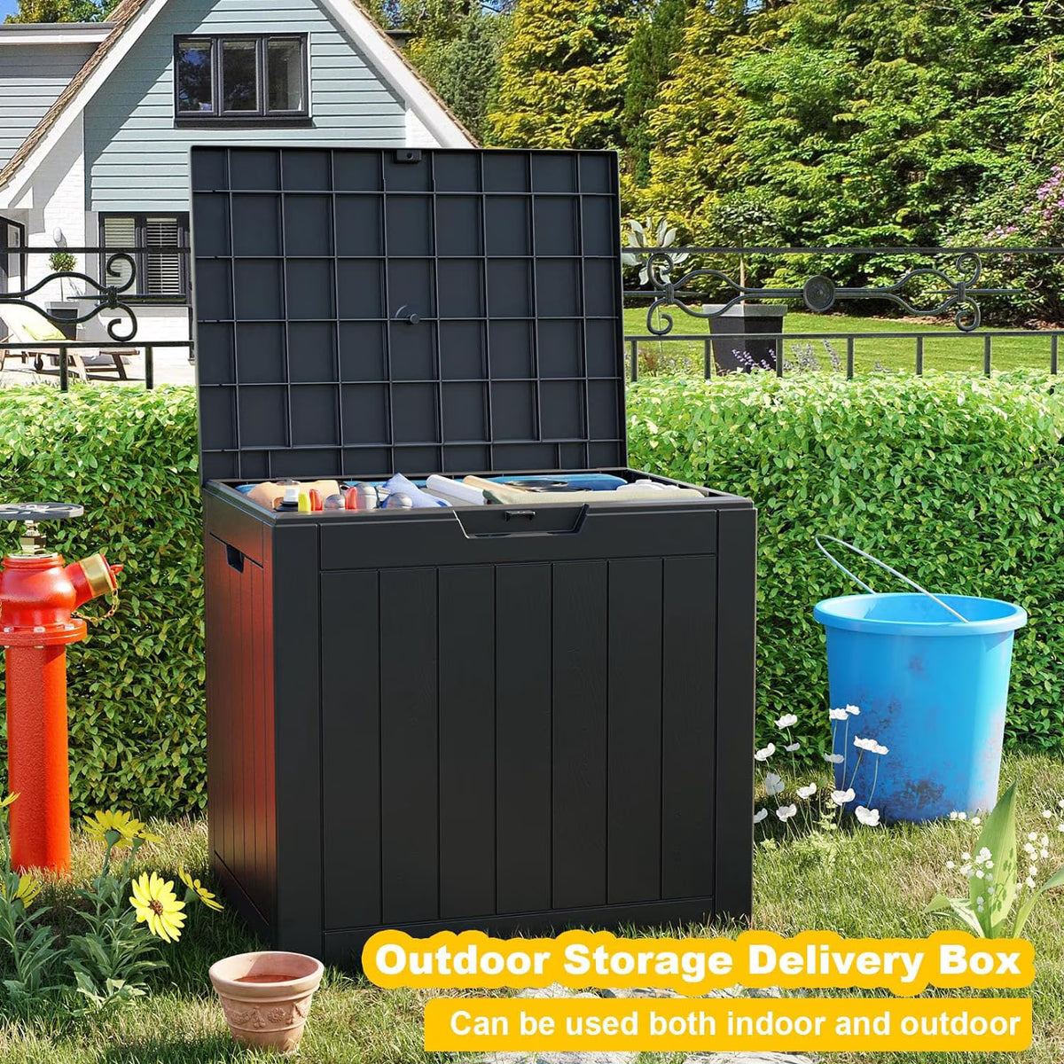 EASY UP 30gallon outdoor resin deck box, weather-resistant and lockable, suitable for storing tools, clothing, and packages; ideal for garages, gardens, and bedrooms (black).