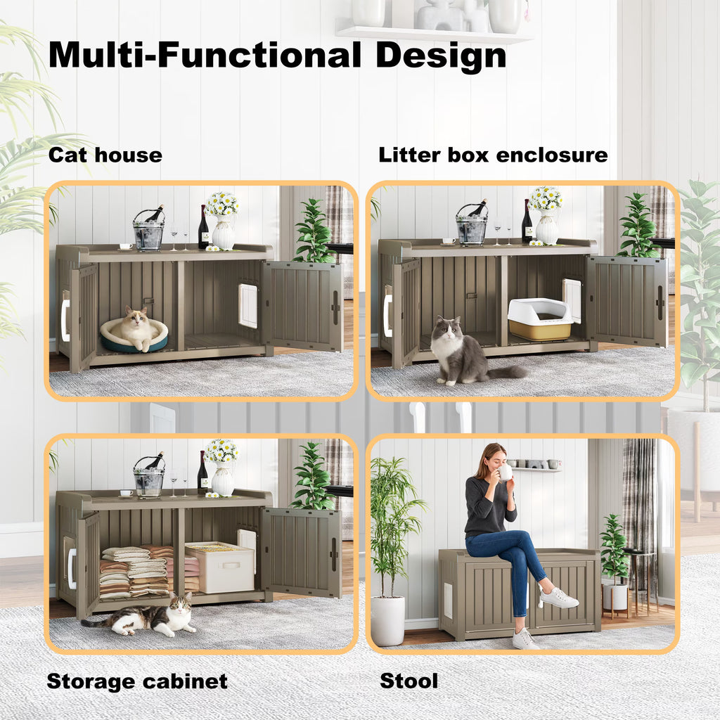 EasyUp Resin Enclosed Hidden Cat Litter Box Enclosure, Dual-Door Weatherproof Space-Saving Furniture for Indoor Corners & Small Spaces, Gray