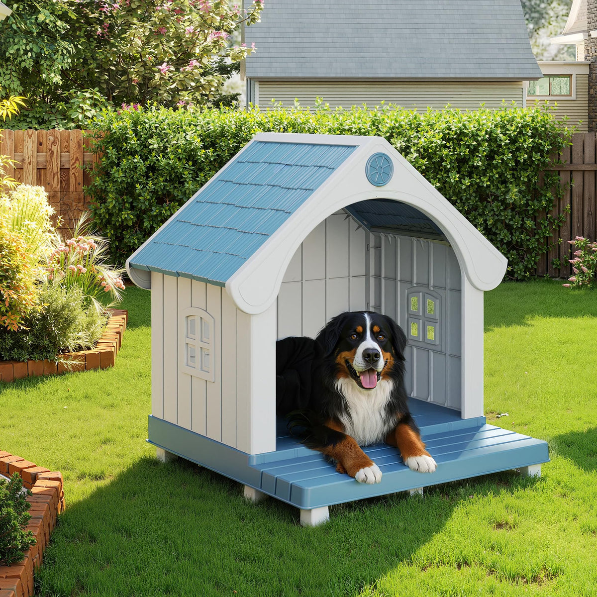 EasyUp Resin Pet House, Weatherproof Kennel with Elevated Extended Floor, Elegant Sturdy Shelter for Large Pets Indoor & Outdoor Use