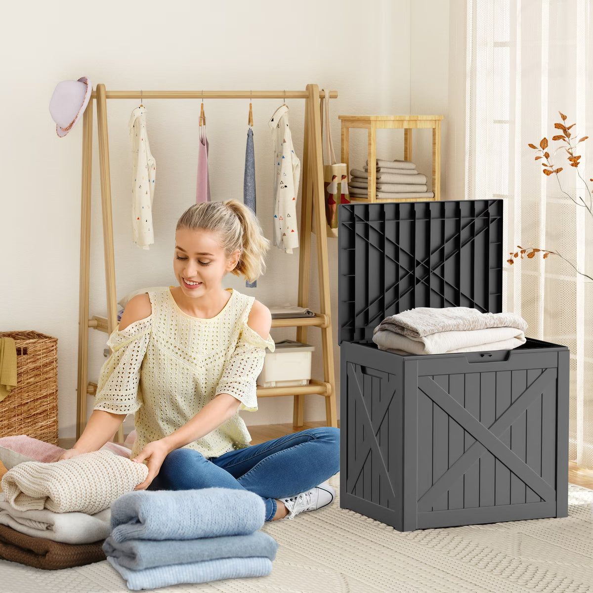 EasyUp 32 Gallon Resin Deck Box, Lockable Patio Outdoor Storage Box for Furniture, Garden Tools and Tools Storage, Waterproof Outside Storage Boxes