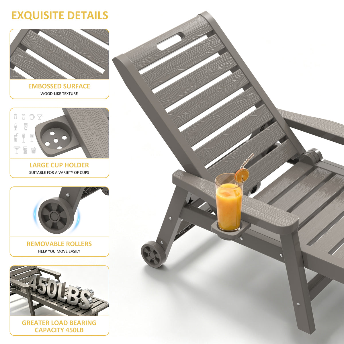 EasyUp Chaise Lounge Outdoor, Lounge Chair Outdoor with Wood Texture, Adjustable 5-Position Backrest,Lounge Chair with Wheels & Cup Holder for Pool Deck Backyard, Grey