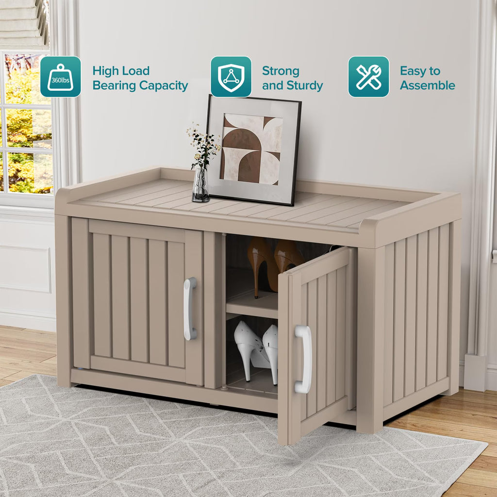 EasyUp EasyUp Waterproof UV-Resistant Shoe Cabinet, Double Door Storage Bench with Adjustable Shelves, Indoor Outdoor Furniture for Entryway, Bedroom, Hallway, Living Room, Gray