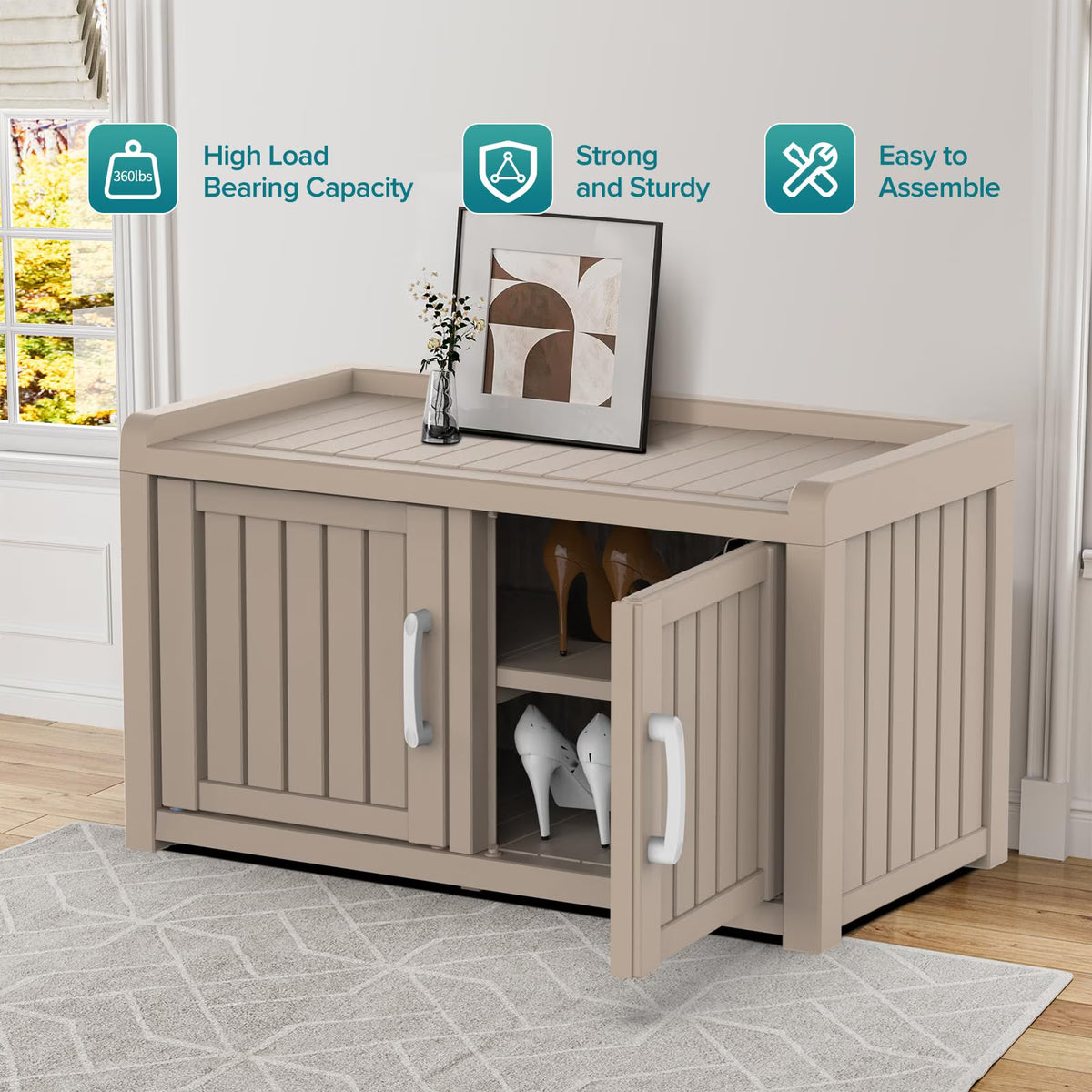 EasyUp EasyUp Waterproof UV-Resistant Shoe Cabinet, Double Door Storage Bench with Adjustable Shelves, Indoor Outdoor Furniture for Entryway, Bedroom, Hallway, Living Room, Gray